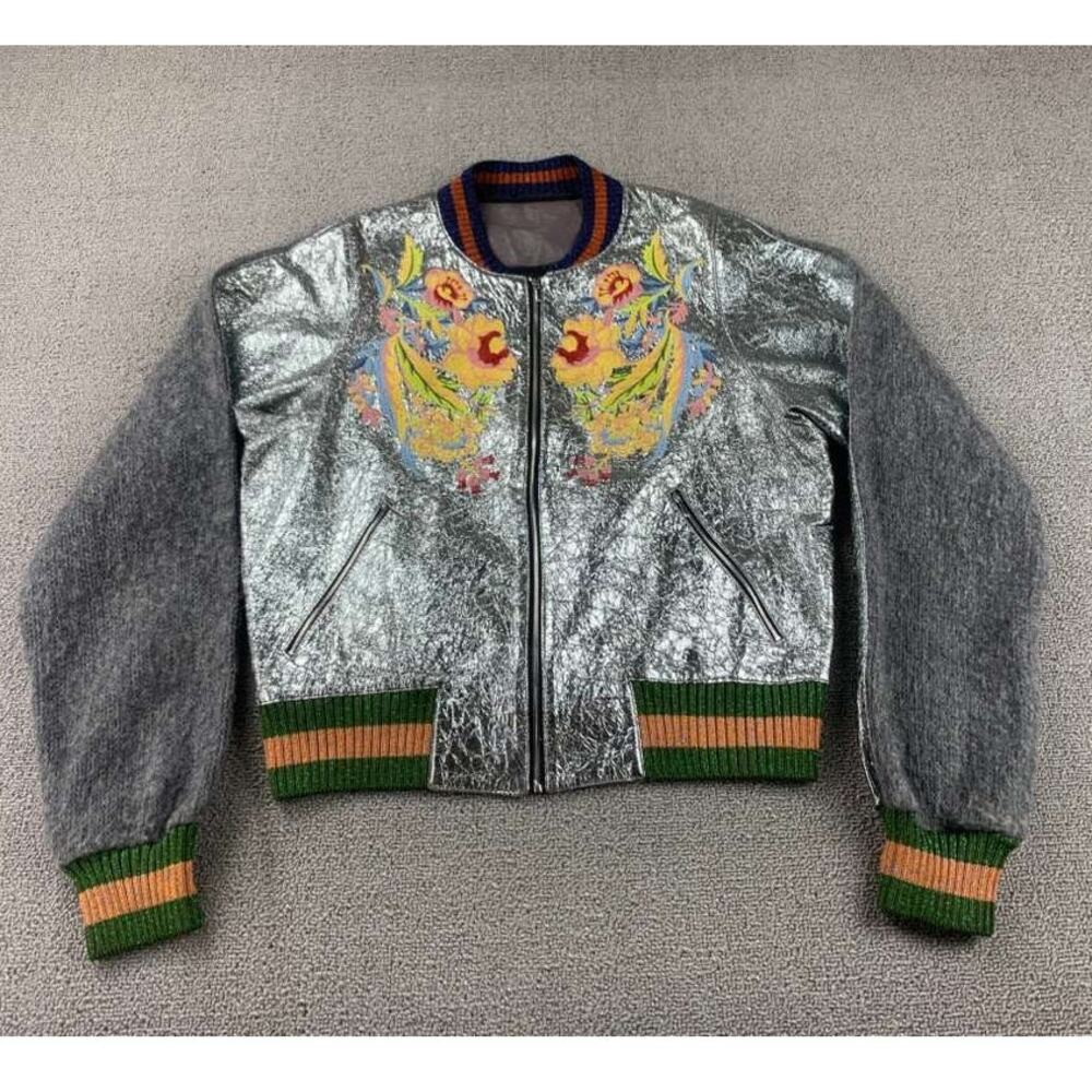 Aviu Bomber Jacket Women S Silver Metallic Leather‎ Floral Embroider Italy Made